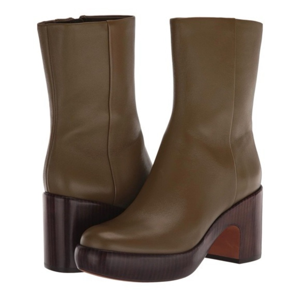 Vince Olive Leather Platform Ankle Boots